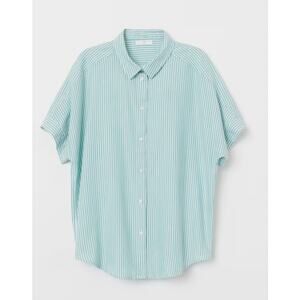 H&M Green White Stripe Button Down Shirt Short Sleeve Cotton Top Sz 6